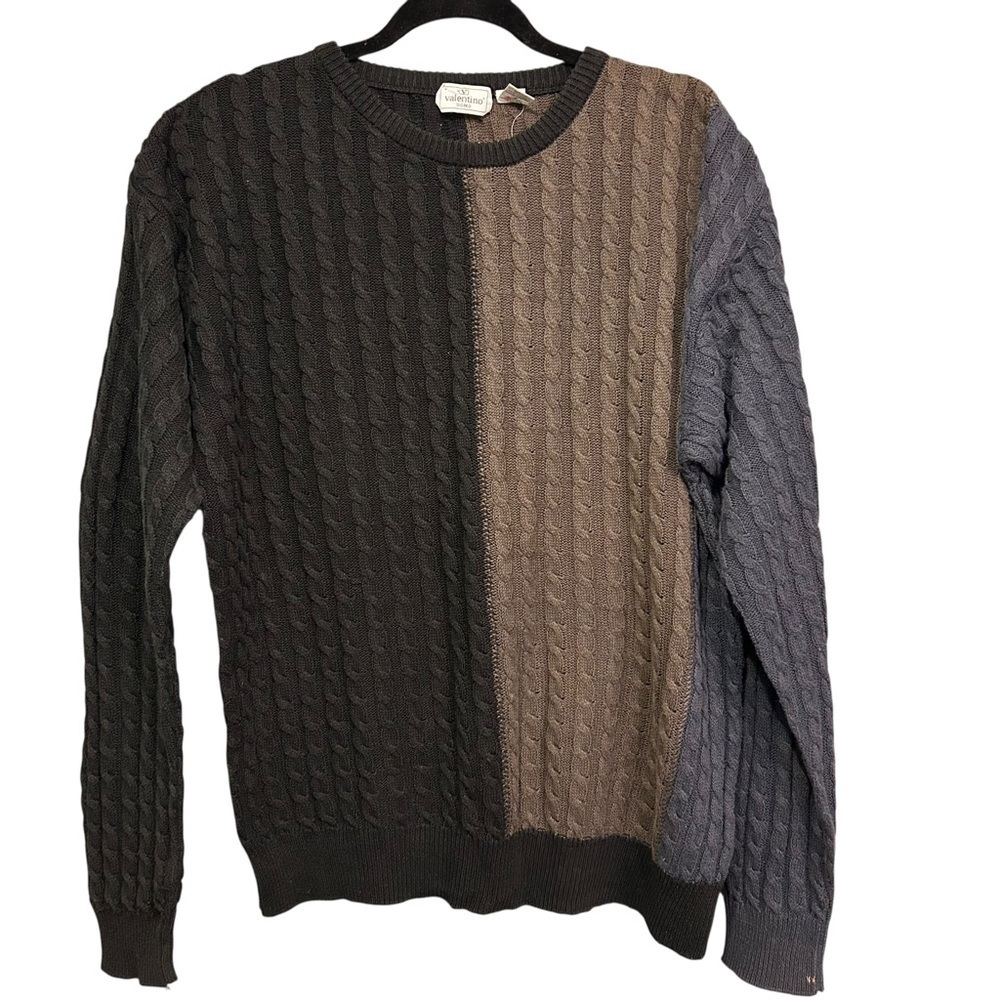 Vintage Valentino Uomo Crewneck Colorblock Linen Blend Cable Knit Sweater